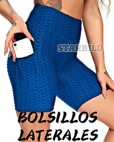 STARBILD Shorts Texturizodos para Mujer Pantalones Cortos Panal Scrunch Butt Push up con Bolsillo para Yoga Fitness Running Deporte #A-Azul S