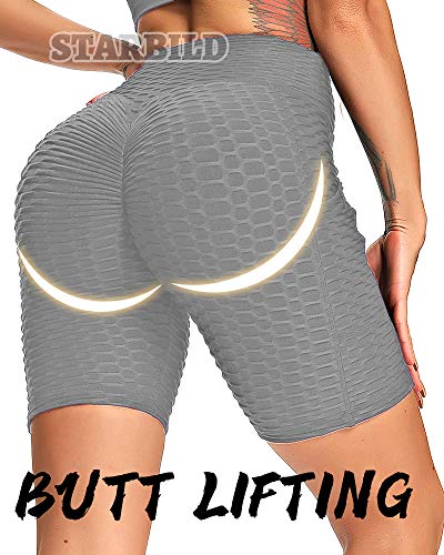 STARBILD Shorts Texturizodos para Mujer Pantalones Cortos Panal Scrunch Butt Push up con Bolsillo para Yoga Fitness Running Deporte #A-Gris M