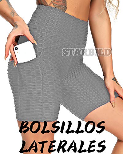 STARBILD Shorts Texturizodos para Mujer Pantalones Cortos Panal Scrunch Butt Push up con Bolsillo para Yoga Fitness Running Deporte #A-Gris M