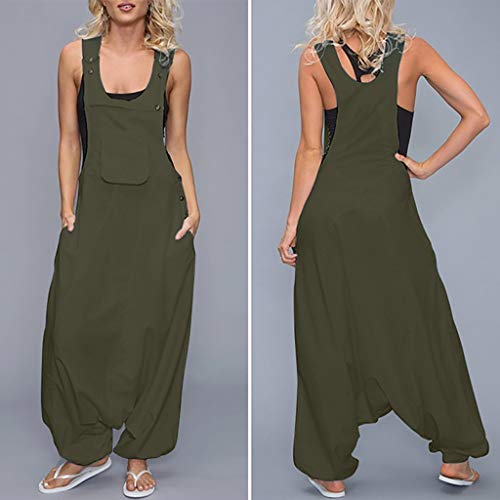 STRIR Mujer Baggy Peto de Pantalones Largos Gasa Mono Harem Anchos Talla Grande Casual Moda Bolsillos Tiras Fiesta (S, Verde)
