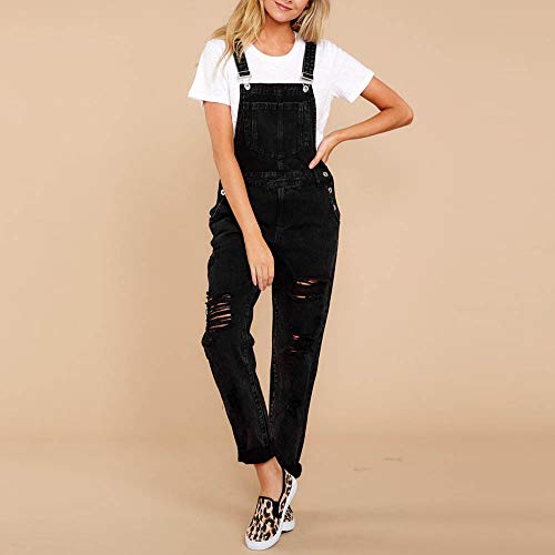STRIR Mujer Petos Vaqueros Skinny Rasgado Pantalones Monos Largos Mezclilla, Jumpsuit Trabajo Negro,Monos Ajustados Color SóLido Petos De PantalóN Verano (M, Negro)