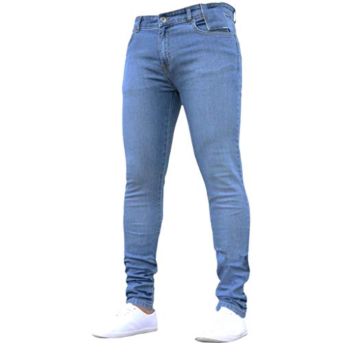 Subfamily Pantalón Slim Denim de Color Liso para Hombre, Pure Color Denim Cotton Vintage Wash Hip Hop Pantalones de Trabajo Jeans Pantalones Azul M