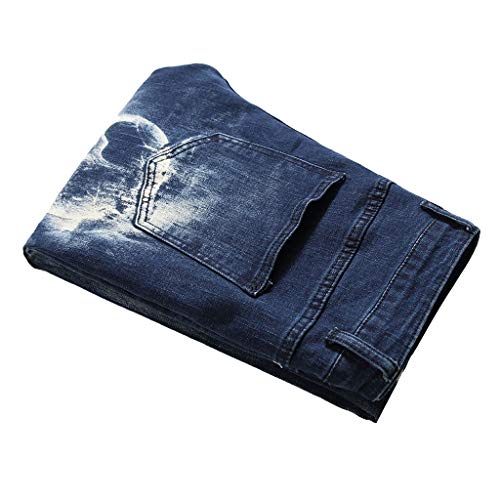 Subfamily Vaqueros Elásticos de Corte Slim Estampados para Hombre, Moda 3D Personalidad Slim Color Print Stretch Denim Pantalones Azul Oscuro 28