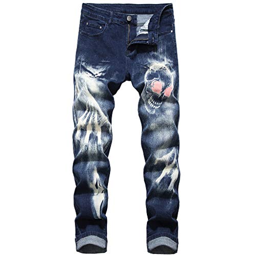 Subfamily Vaqueros Elásticos de Corte Slim Estampados para Hombre, Moda 3D Personalidad Slim Color Print Stretch Denim Pantalones Azul Oscuro 28