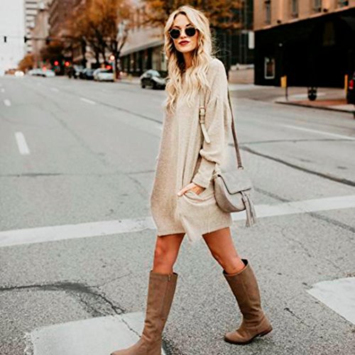 Suéter Mujer, Xinan Blusa de Mujer de Moda Suéter Largo con Bolsillo o Cuello sólido Sudadera Suelta Casual de Manga Larga (L, Beige)