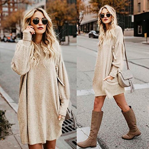 Suéter Mujer, Xinan Blusa de Mujer de Moda Suéter Largo con Bolsillo o Cuello sólido Sudadera Suelta Casual de Manga Larga (L, Beige)