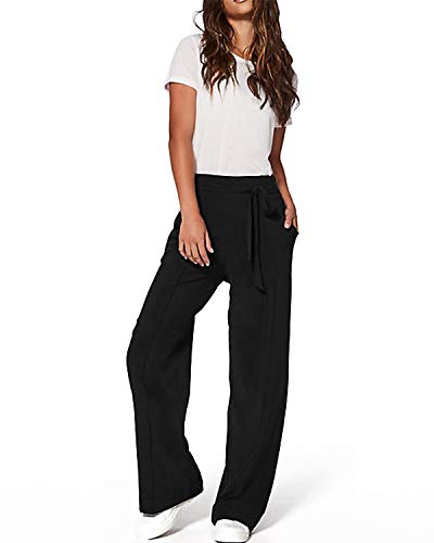 SUNNYME Pantalones anchos de pierna ancha para mujer, pantalones holgados, bolsillos, casual, de algodón, cintura alta, con cinturón