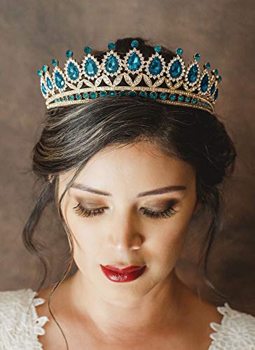 SWEETV Tiara de boda con diamantes de imitación para mujer, diadema de corona real, accesorios para el pelo de princesa de cristal para el baile de graduación, cumpleaños, color azul