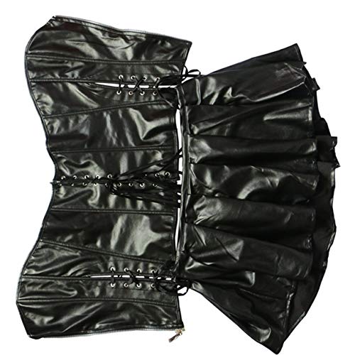 SxyBox Mujer Sexy Corsé de Cuero de imitación Ajustado Corset Vintage Gótico Vestido Conjunto de 3 Piezas con Tanga,Negro