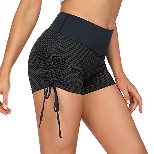 Sykooria Pantalones Cortos Deporte Mujer Pantalón Running Corto de Yoga Mallas Cortas Mujer con Cordón Alta Cintura Elásticos Push Up Suave Transpirables para Correr Gym Fitness, XXL