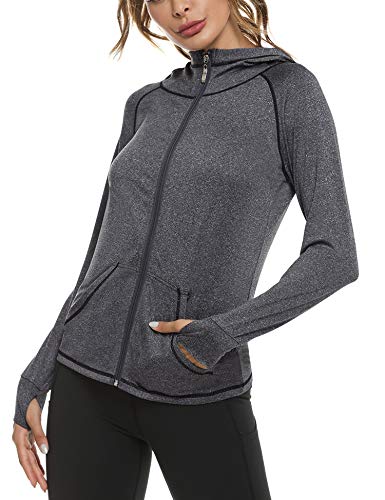 Sykooria Sudadera con Capucha Mujer Otoño Invierno Chaqueta Cálida Mujer Deportes Chaqueta Transpirable de Manga Larga con Cremallera para Correr Fitness-Gris Oscuro-XL