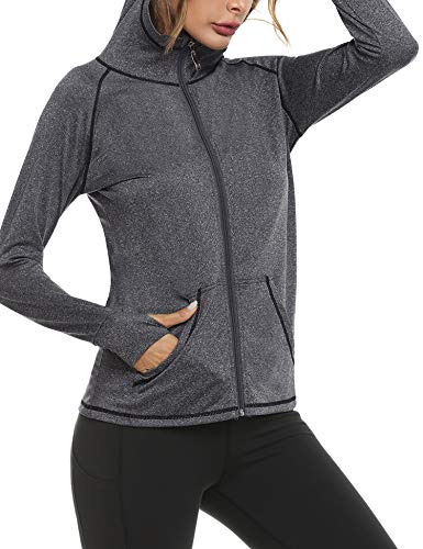 Sykooria Sudadera con Capucha Mujer Otoño Invierno Chaqueta Cálida Mujer Deportes Chaqueta Transpirable de Manga Larga con Cremallera para Correr Fitness-Gris Oscuro-XL