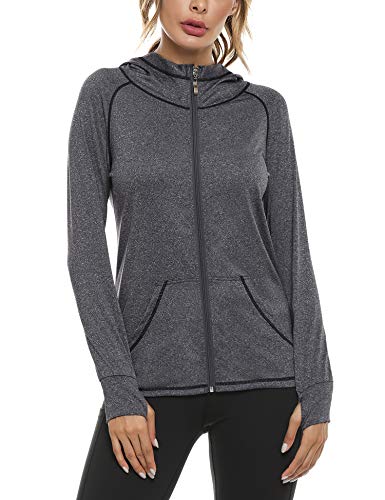 Sykooria Sudadera con Capucha Mujer Otoño Invierno Chaqueta Cálida Mujer Deportes Chaqueta Transpirable de Manga Larga con Cremallera para Correr Fitness-Gris Oscuro-XL