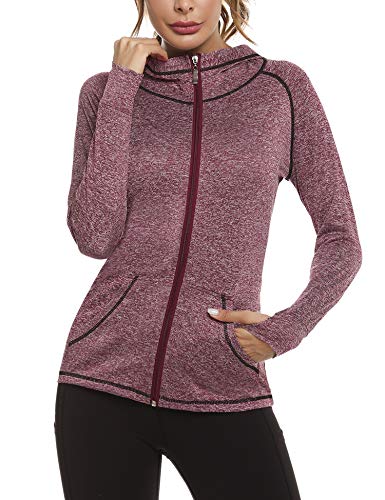 Sykooria Sudadera con Capucha Mujer Otoño Invierno Chaqueta Cálida Mujer Deportes Chaqueta Transpirable de Manga Larga con Cremallera para Correr Fitness-Vino Rojo-XXL