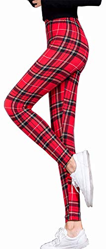 Tamskyt - Leggings elásticos para Mujer, diseño de Cuadros Escoceses, Color Rojo Rojo-2 Tartán Talla única