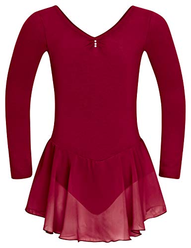 tanzmuster ® Vestido de ballet para niña de manga larga – Anna – de suave tela de algodón con brillantes y falda de gasa para niños, bodyin de ballet borgoña, tamaño: 164/170