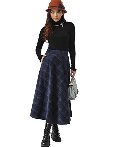 TEERFU Otoño Invierno tela escocesa plisada caliente de lana de lana espesa la falda larga para Mujer Azul UK 8 (tamaño de la etiqueta S, cintura 27,5 '')