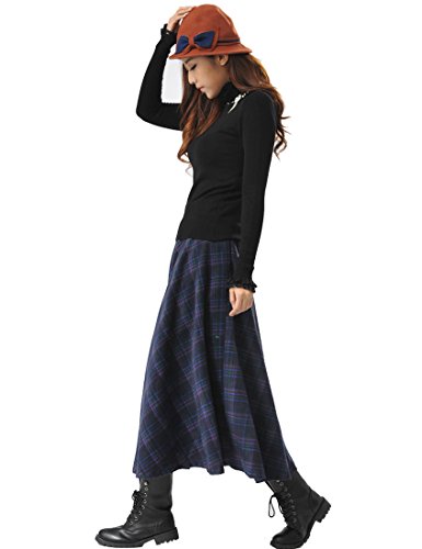 TEERFU Otoño Invierno tela escocesa plisada caliente de lana de lana espesa la falda larga para Mujer Azul UK 8 (tamaño de la etiqueta S, cintura 27,5 '')