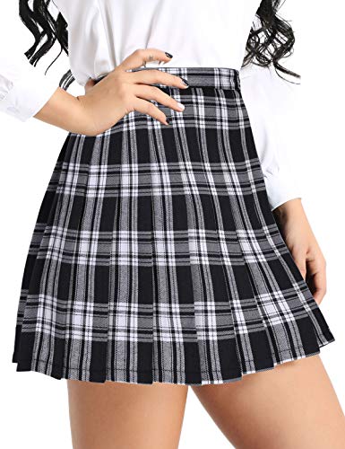 TiaoBug Falda Escocesa Plisada para Mujer Uniforme Escolar Colegio Disfraz Anime de Japones Coreano Falda Corta de Cuadros A-Line Talla Muy Grande Negro&Blanco Small