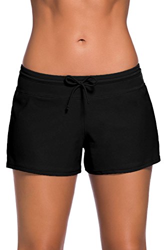 Tmaza Shorts de Baño Mujer Bañador Short Deportes Acuáticos Shorts de Natación Secado Rápido Bañador de Pantalon Cortos con cordón Ajustables, Negro XL