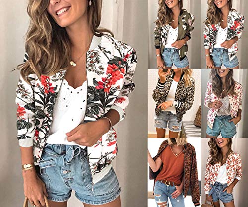 Tomwell Mujer Chaqueta Estampado Floral Camiseta de Manga Larga Classic Slim Fit Baseball Chaqueta Biker Bomber Jacket Corta Rosa 36