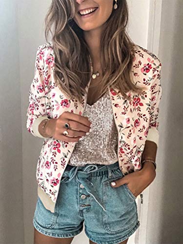 Tomwell Mujer Chaqueta Estampado Floral Camiseta de Manga Larga Classic Slim Fit Baseball Chaqueta Biker Bomber Jacket Corta Rosa 36