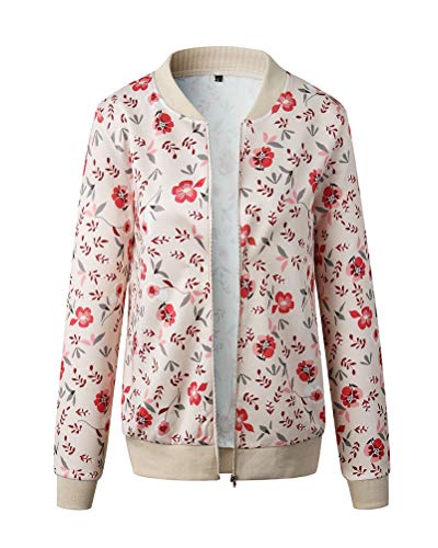 Tomwell Mujer Chaqueta Estampado Floral Camiseta de Manga Larga Classic Slim Fit Baseball Chaqueta Biker Bomber Jacket Corta Rosa 36