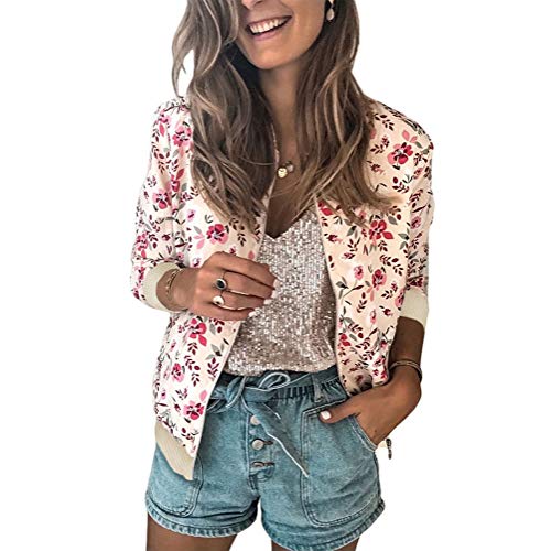 Tomwell Mujer Chaqueta Estampado Floral Camiseta de Manga Larga Classic Slim Fit Baseball Chaqueta Biker Bomber Jacket Corta Rosa 36
