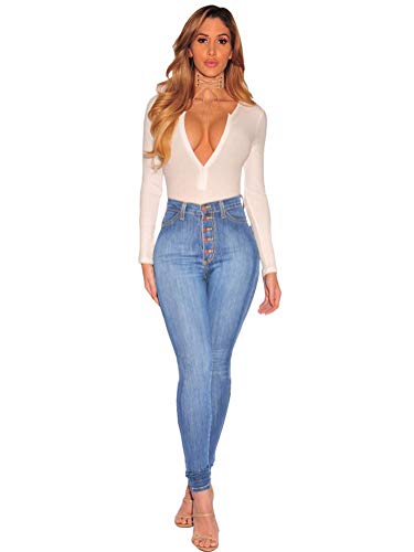 Tomwell Mujer Vaqueros Acampanados Pantalones Largos Elástico Cintura Alta Retro Flared Jeans Azul Claro Medium