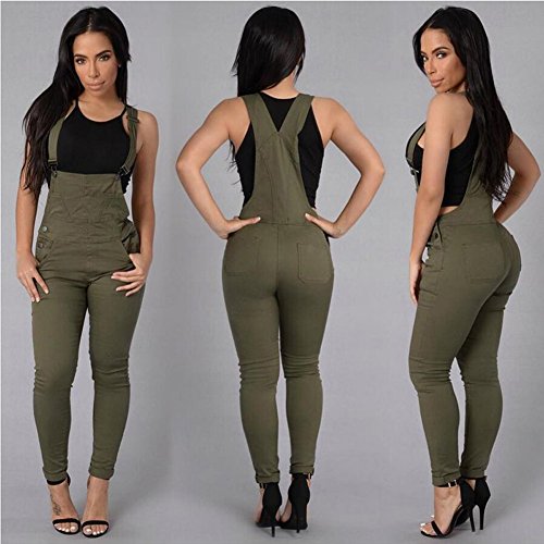 Tomwell Mujer Verano Chicas Peto Vaquero Mono Largos Jumpsuits Cuello En U de Tirantes Holgados Harem Pantalones de Babero Ejercito Verde ES 40