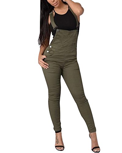 Tomwell Mujer Verano Chicas Peto Vaquero Mono Largos Jumpsuits Cuello En U de Tirantes Holgados Harem Pantalones de Babero Ejercito Verde ES 40