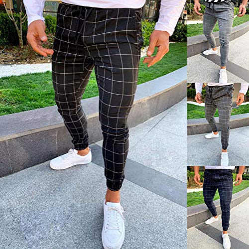 Tomwell Pantalón para Hombre Chino Casual Jogging Slim Fit Largos Deportivos Jogger Pants Impresión a Cuadros Trouser Primavera y Verano Negro Small