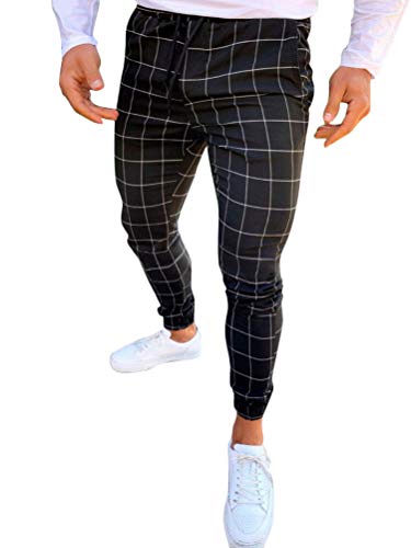 Tomwell Pantalón para Hombre Chino Casual Jogging Slim Fit Largos Deportivos Jogger Pants Impresión a Cuadros Trouser Primavera y Verano Negro Small