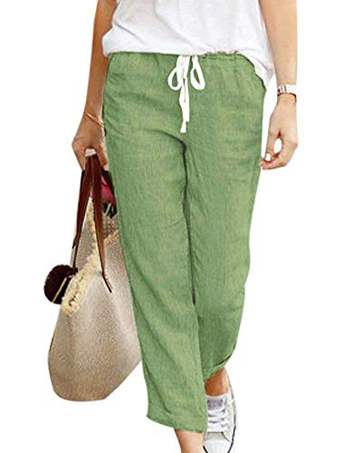 Tomwell Pantalones Verano Mujer Cintura Alta Pantalones 7/8 Longitud Lino con Cordón Pantalones Playa Pantalones Sueltos Color Sólido Casual Suave Cómodo Verde Large