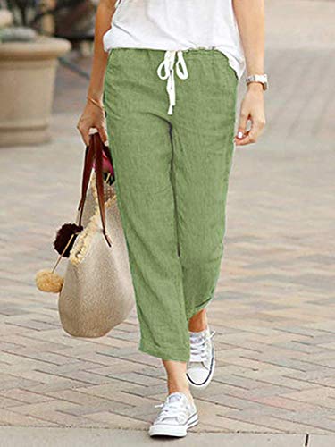 Tomwell Pantalones Verano Mujer Cintura Alta Pantalones 7/8 Longitud Lino con Cordón Pantalones Playa Pantalones Sueltos Color Sólido Casual Suave Cómodo Verde Large