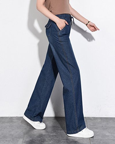 Tookang Mujeres Talla Extra Casuales Vaqueros de Pierna Ancha Cintura Elástica Pantalones Evasé de Mezclilla Sin Estiramiento