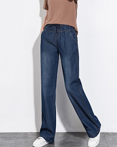 Tookang Mujeres Talla Extra Casuales Vaqueros de Pierna Ancha Cintura Elástica Pantalones Evasé de Mezclilla Sin Estiramiento