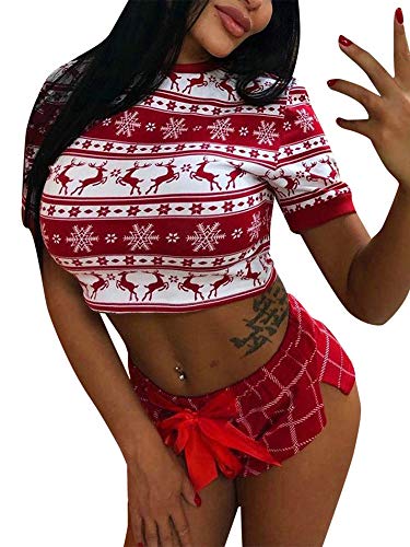 Traje Navideño para Mujer 2 Piezas Conjunto de Ropa para Navidad Top Camiseta de Manga Corta y Cuello Redondo + Pantalones Cortos con Patrones de Navidad (Rojo, L)