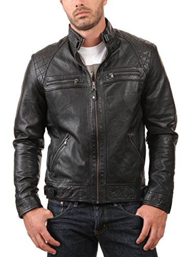 Trendtales Chaqueta de cuero para hombre, piel de cordero, Negro TTKL738 XL