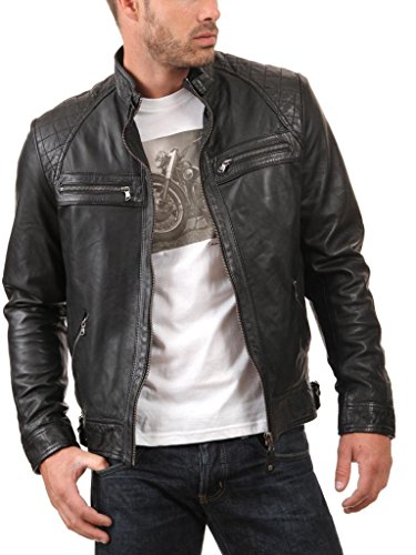 Trendtales Chaqueta de cuero para hombre, piel de cordero, Negro TTKL738 XL