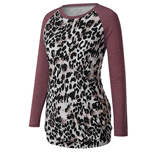 TUDUZ Blusa Manga Larga Mujer Suelto Camisa Botón Leopardo Cuello Redondo Guerrera Top Plisada Camiseta De Rayas (VinoB, XXXL)