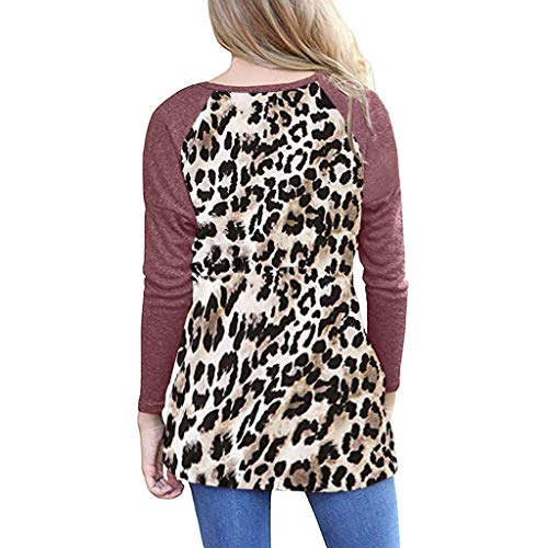 TUDUZ Blusa Manga Larga Mujer Suelto Camisa Botón Leopardo Cuello Redondo Guerrera Top Plisada Camiseta De Rayas (VinoB, XXXL)