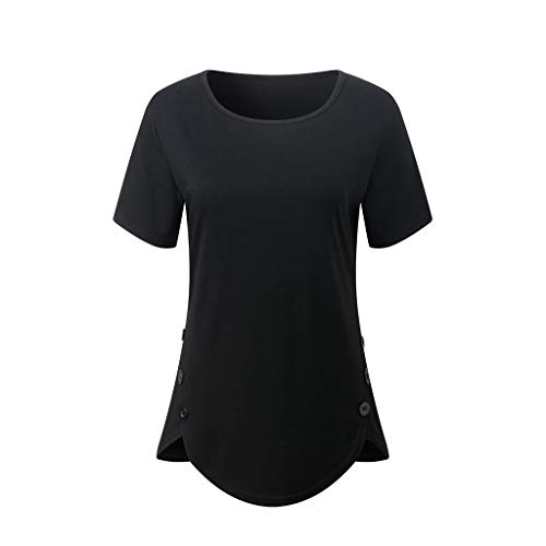 TUDUZ Blusa Mujer Manga Corta Camisa De Color Liso Botones Irregulares Dobladillos Tops Moda Camisetas Elegante (Negro, M)