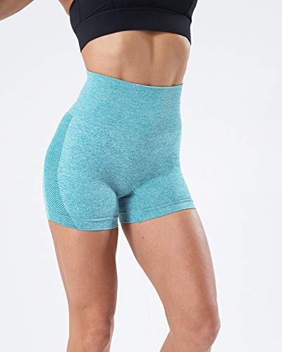 Tuopuda Pantalones Deportivos Cortos de Correr para Mujer Mallas Elásticas Leggings Sin Costuras de Alta Cintura para Fitness Yoga Correr Secado Rápido (Azul,M)