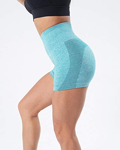 Tuopuda Pantalones Deportivos Cortos de Correr para Mujer Mallas Elásticas Leggings Sin Costuras de Alta Cintura para Fitness Yoga Correr Secado Rápido (Azul,M)