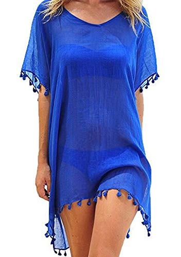 UMIPUBO Mujer Ropa de Baño Suelto Vestido de Playa Borla Verano Camisolas y Pareos Transparente Bikini Cover up (Azul Oscuro)