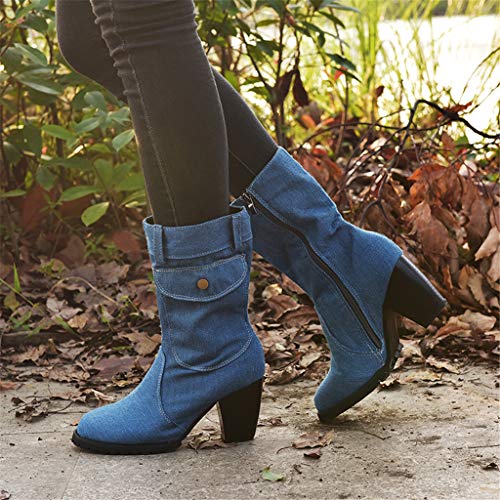 UMore Botas Mujer Botines de Vaquero Otoño Invierno Vintage Botines Mujer con Cordones Zapatos de Mujer Botas Cómodas de tacón Plano Cremallera Bota Corta Casual