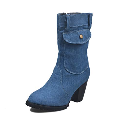 UMore Botas Mujer Botines de Vaquero Otoño Invierno Vintage Botines Mujer con Cordones Zapatos de Mujer Botas Cómodas de tacón Plano Cremallera Bota Corta Casual