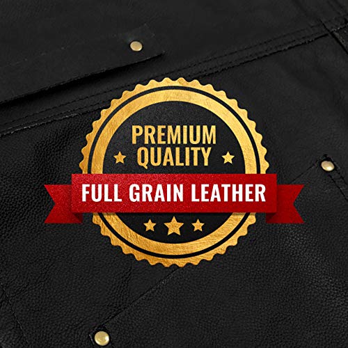 Under NY Sky Delantal de Piel - Mandil de Cuero Negro Genuíno - Correas de Espalda Cruzadas - Forro Interno - Ajustable para Hombres y Mujeres - Para Chef, Barista, Barbero, Carpintero, Tienda, Barman