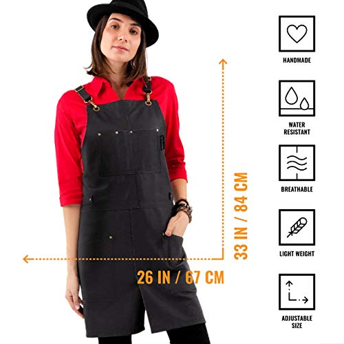 Under NY Sky Delantal de Piel - Mandil de Cuero Negro Genuíno - Correas de Espalda Cruzadas - Forro Interno - Ajustable para Hombres y Mujeres - Para Chef, Barista, Barbero, Carpintero, Tienda, Barman